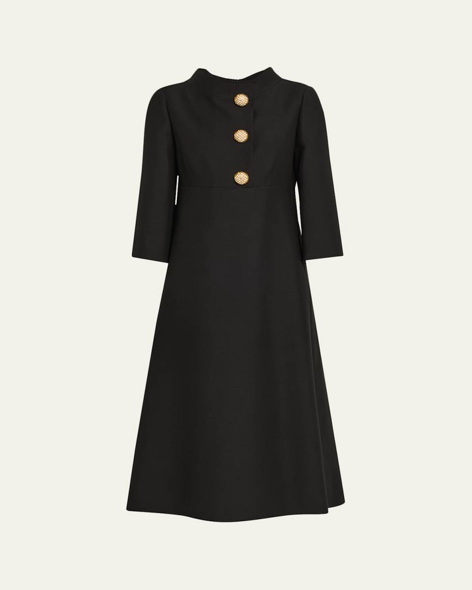 Strass Button High-Neck Crepe Midi Dress
